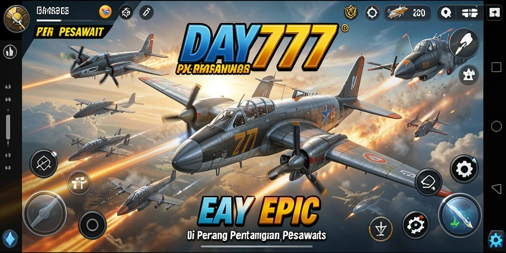Antarmuka game DAY777 yang menampilkan pesawat dan latar belakang pertempuran yang epik.